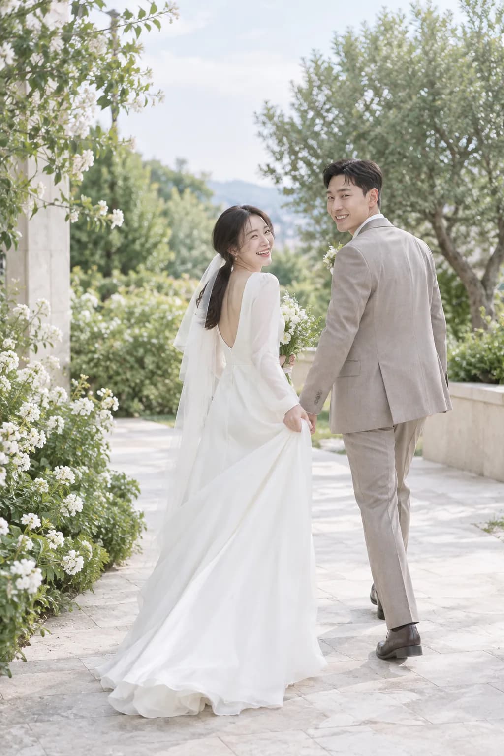 Bride and groom walking together on a garden path